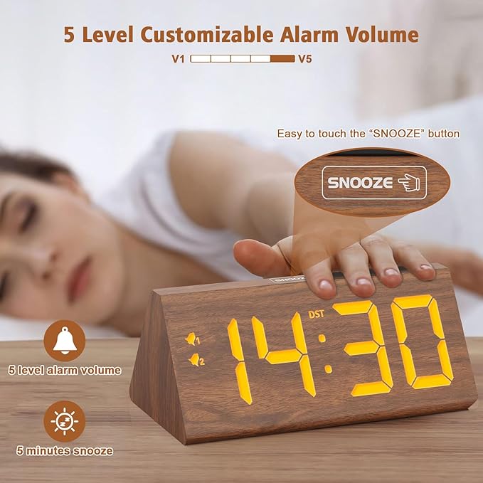 fomobest Wooden Digital Alarm Clock with Dual USB Charging Ports, DST, Dimmable, Snooze, Modern Large Time Display LED Clock for Kids Bedrooms, Living Room, Desk, Table, Bedside, Nightstand (Brown)
