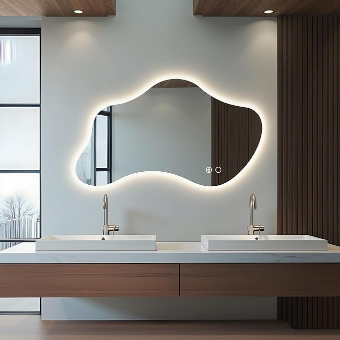 43.3″ Asymmetrical Bathroom Mirror with Lights, LED Irregular Wall Mirror, Abstract Modern Lighted Vanity Mirror for Wall, Anti-Fog, Dimmable, Horizontal/Vertical