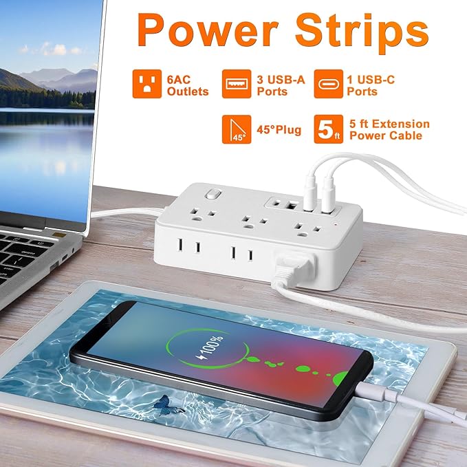 10Ft Surge Protector Flat Extension Cord Flat Plug Power Strip, 6AC Outlets, 4 USB Charger(1 USB C Port), 1700 Joules Protection, Office Supplies, Dorm Room Essentials