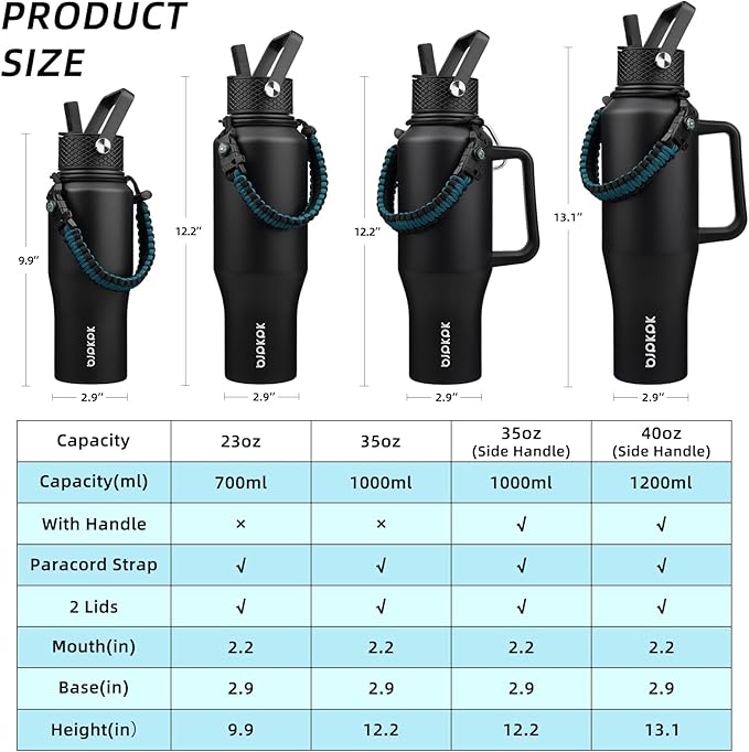 BJPKPK Insulated Water Bottles with Straw Lid, 23oz Metal Water Bottle with 2 lids & Paracord Strap, Double Wall Stainless Steel Vacuum Tumblers, Cups, Mugs, Thermo for Hot& Cold Drinks, Black