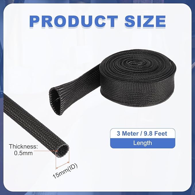 uxcell Insulation Cable Protector,15mm/0.59 Inch-3m/10 Feet High Temp Fiberglass Sleeve Black