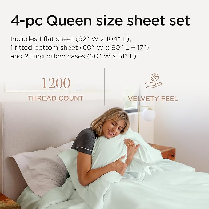 Threadmill Supima Cotton Queen Sheet Set, 1200 Thread Count Queen Sheets for Queen Mattresses, 4 Piece American Luxury Bed Sheets, Sateen Hotel Quality Sheets with Elasticized Deep Pocket, Seaglass