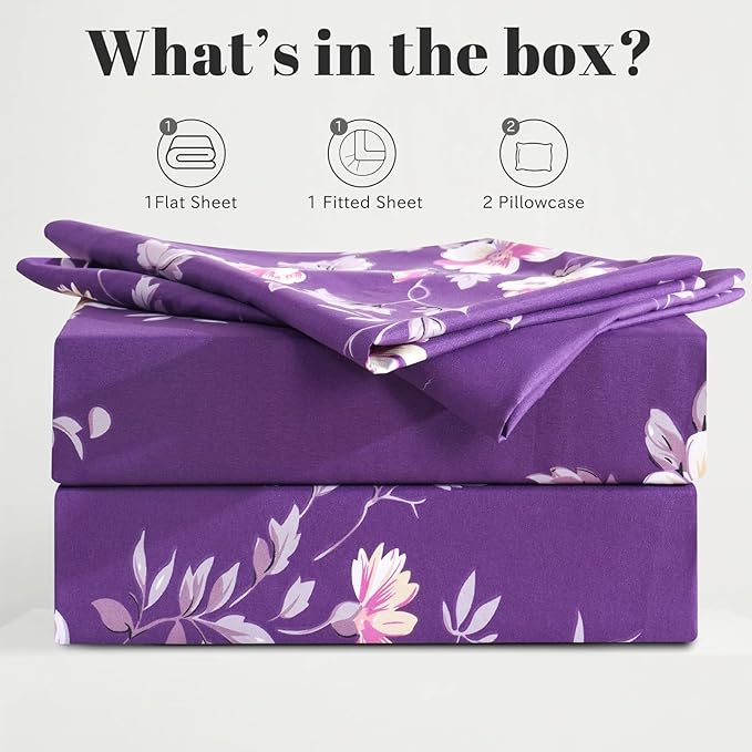 Bedlifes California King Sheet Set Ultra Soft, Breathable, Silky Flower Deep Pocket 100% Microfiber Bedding, 4 Piece Cal King Size Dark Purple Floral