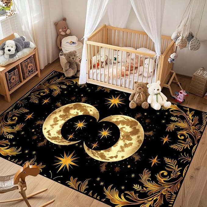 Sun Moon Star Area Rug 4'x6' Golden Boho Carpet Non-Slip Washable Low Pile Floor Mat for Bedroom Living Room Nursery Playroom Classroom Home Decor