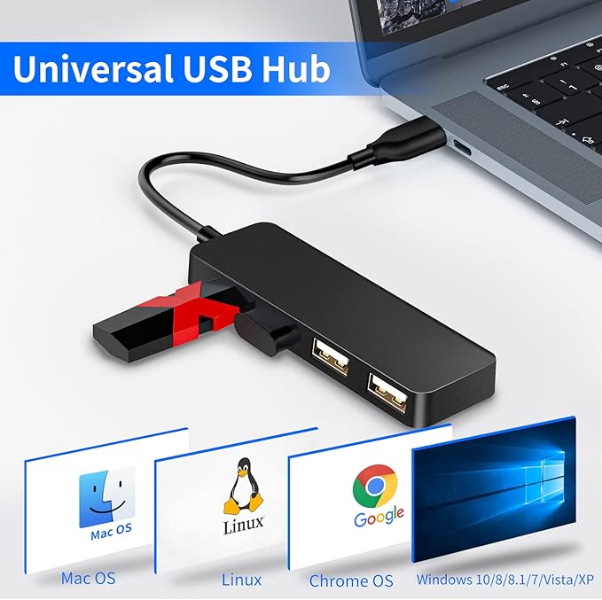 USB Hub 4 Port USB 2.0 Splitter Hub Expander for Laptop Computer Flash Drive Console Printer Camera Keyboard Mouse More 1 to 4 Jack Extender for Charging/Data Sync