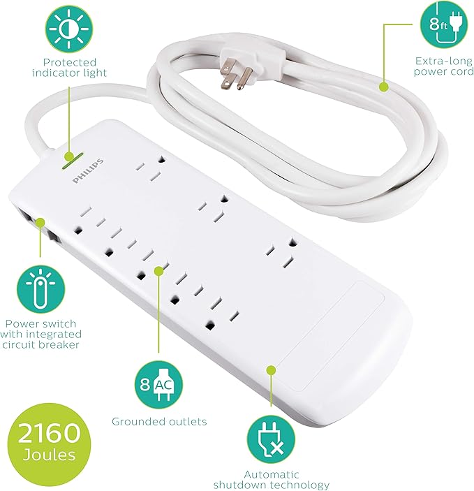 Philips 8 Outlet Power Strip Surge Protector, 8ft Extra-Long Power Cord, Flat Plug, Wall Mount, 2160 Joules, ETL Listed, Circuit Breaker, Automatic Shutdown, White, SPP3086WB/37