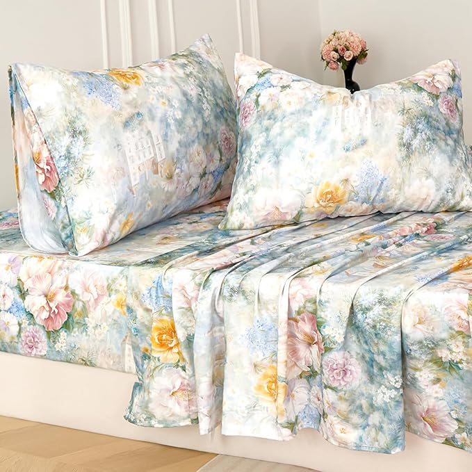 Zusbest Full Size Sheets Luxury Floral Bed Sheet Set 100% Cotton, Satin Weave Soft Breathable for Hot Sleepers Romantic Peony Flowery Printed Cottagecore Bedding Deep Pocket 17.5‘’ Bed Set 4Pcs