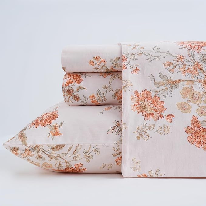 Zusbest Queen Sheet Set 100% Percale Cotton Orange Floral Bed Sheet Set, Brushed for Extra Softness, Luxury Flannel Sheets Like Shabby Vintage Flower Print Deep Pocket Sheets 17.5'' 4 Pcs