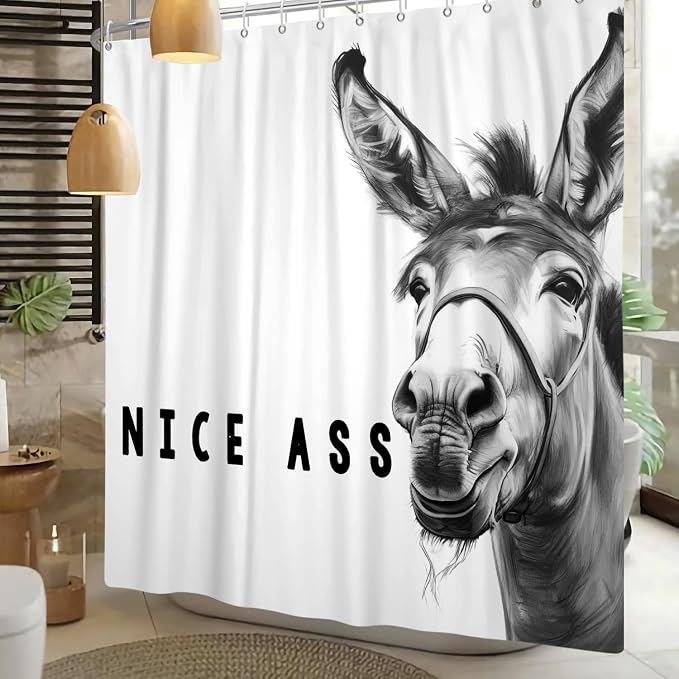 Funny Donkey Shower Curtains Joke Hilarious Animal Bathroom Curtain Rustic Farmhouse Cute Donkey White Shower Curtain Sets for Bathroom Extra Long 72x78 in with 12 Hooks
