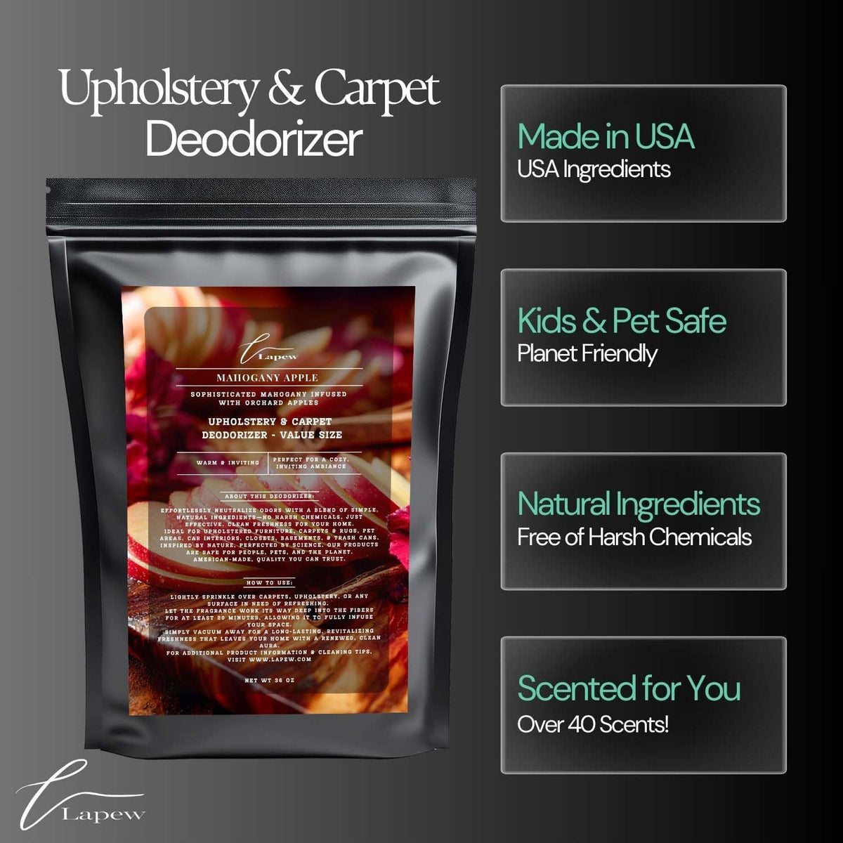 Mahogany Apple Carpet Freshener Powder Refill 36 oz | Powerful Odor Eliminator for Home | Upholstery Deodorizer | Carpet Deodorizer | Pet Urine | Cat Litter Box