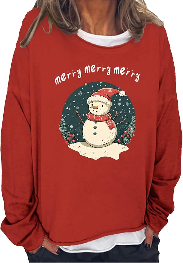 LOAIHA Christmas Shirts for Women Crewneck Snowman Snowflake Santa Graphic Shirts Christmas Tree Long Sleeve Xmas Hoodie