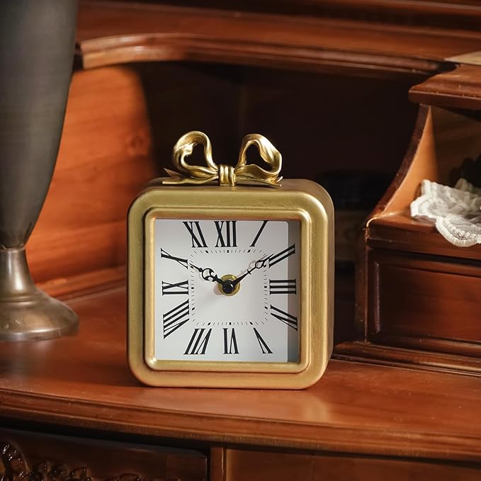 NIKKY HOME Gold Table Clocks, Table Clock Decor with Bow Metal Desk Clock Vintage Desk Clocks Silent Non-Ticking Battery Operated Decorative Shelf Clock for Living Room Bedroom