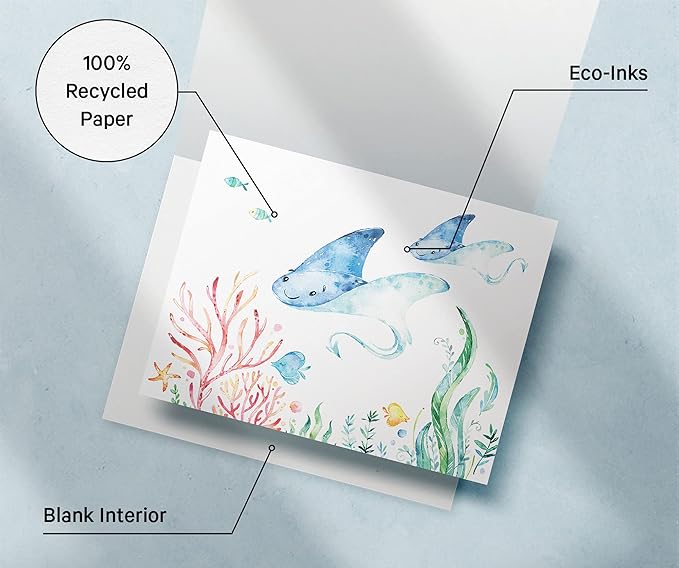 Twigs Paper - Assorted Ocean Animals Greeting Cards - Stationery Cards with Envelopes - Thank You Card - Blank Note Cards - Greeting Cards for All Occasions - Made in USA (5.5 x 4.25, Set of 12)