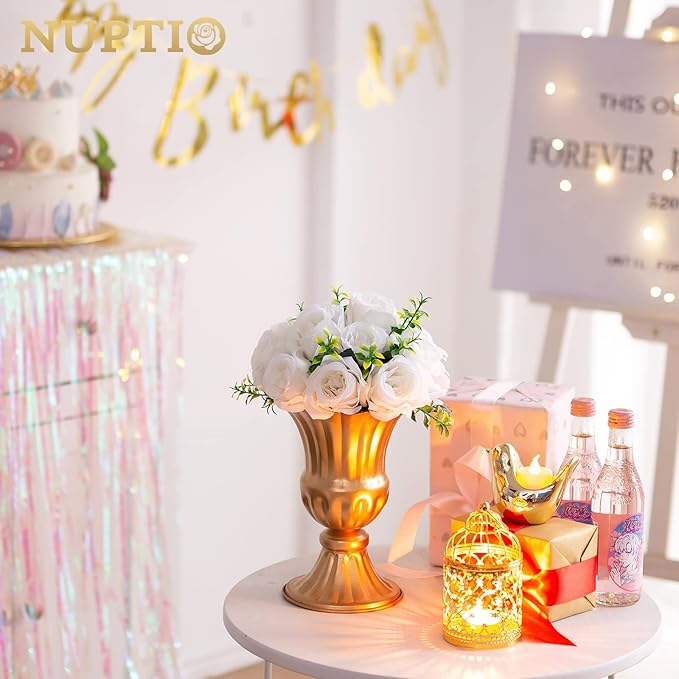 Nuptio Gold Vases for Centerpieces Wedding - 2 Pcs 9in Height Metal Urn Planter Elegant Wedding Centerpieces for Tables - Trumpet Vase for Weddings Party Decoration Centerpiece Table Decorations