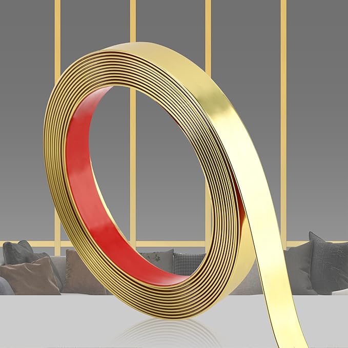 Glossy Gold Peel and Stick PVC Molding Trim, Flexible DIY Wall Accent Strip for Mirror Frame, Cabinet, Edges & Borders and Tiles (197''L x 0.8''W)