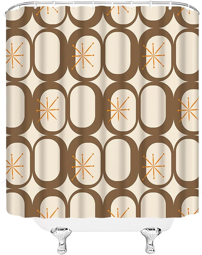 Mid Century Modern Extra Long Shower Curtain Abstract Atomic Geometric Round Squares Retro 50s Brown Fabic with Hooks for Bathroom Decor,70x75 Inch