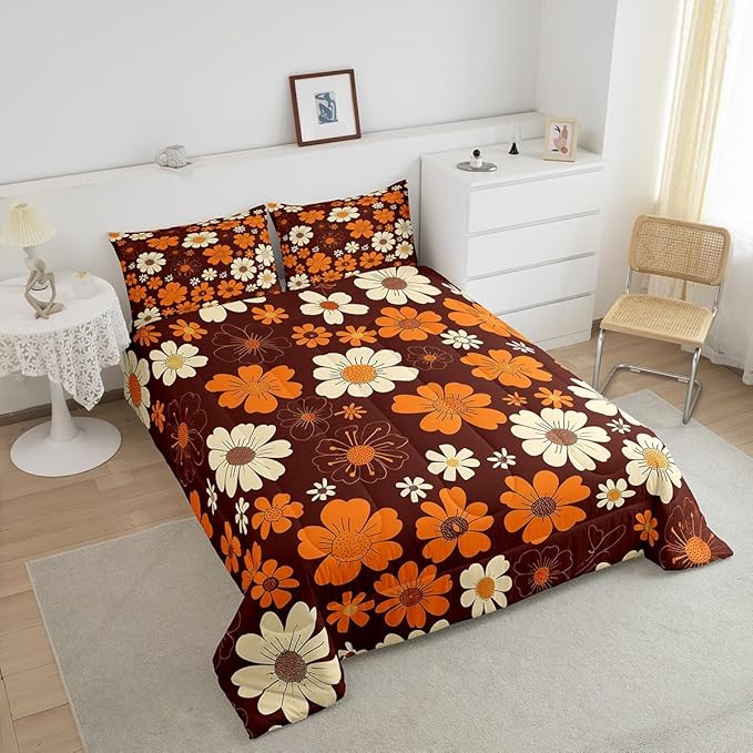 Castle Fairy 70s Groovy Flowers Bedding Comforters Queen Size,Hippie Retro Farmhouse Plant Comforter Set with 2 Pillowcases,Brown White Yellow Floral 3pcs Children Adult Duvet Set,Soft