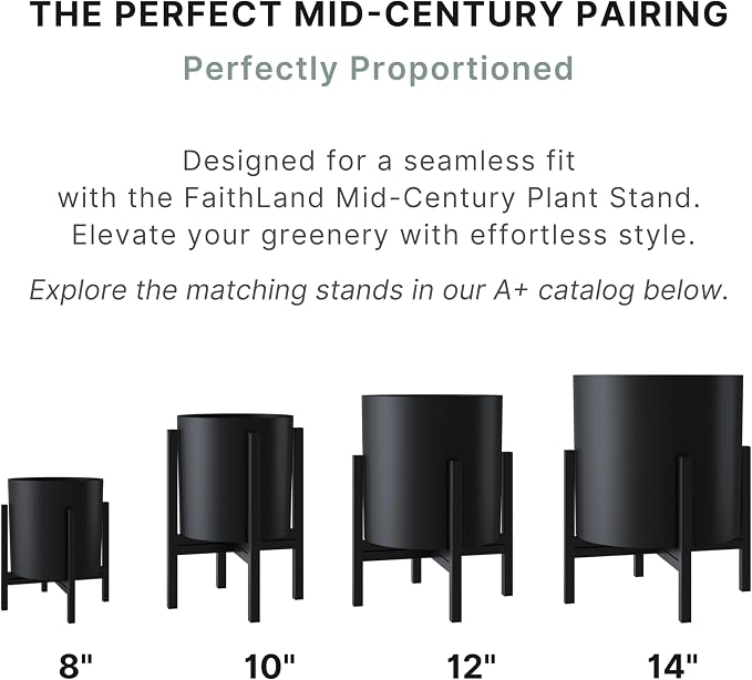 FaithLand 10 Inch Fiberstone Planter - Lightweight Modern Cylinder Plant Pot with Drainage Hole & Plug, Indoor Outdoor Use, Matte Black