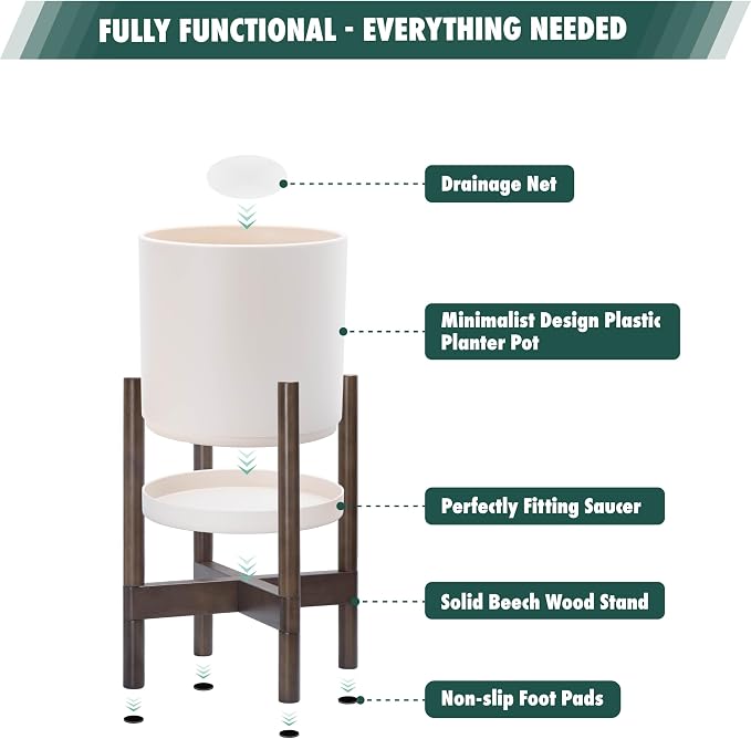 D'vine Dev Planter Pot with Stand - 8 Inch Plastic Cylinder Flower Pot with Wood Planter Holder for Indoor, Oatmeal Pot + Walnut Color Stand, 55-C-I-4
