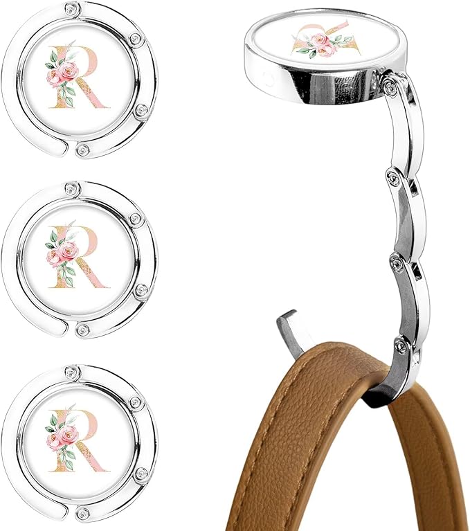 XSUIOY 3Pcs Personalized Initial Foldable Purse Hook for Table,Crushed Flower Letters Folding Purse Hanger,Purse Holder Handbag Hanger Collection Desk Table Bag Hooks Gifts for Women Bag(Pink-R)