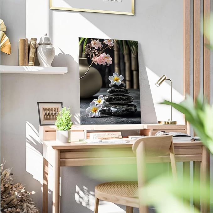 A harmonious black stone stack paired with white and pink flowers bamboo and ceramic vases creates a tranquil Zen decor for minimalist homes and mindful spaces 28x40in Wood Framed