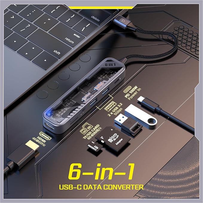 MicroPack USB C Hub 6 in 1, 100W PD Charging, 4K@60Hz HDMI, 2 USB 3.2 GEN1 5Gbps, TF/SD Card Reader, USB C Multi-Port Adapter Docking Station for MacBook Pro Air iPad Laptop Other Type C Devices