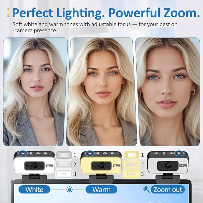4K Webcam for PC & Laptop, Webcam for Mac –AI PDAF AutoFocus Streaming Camera for Computer, One-Touch Mute, Busy Now Do Not Disturb Light, Adjustable Fill Light, Privacy Cover for Remote Work