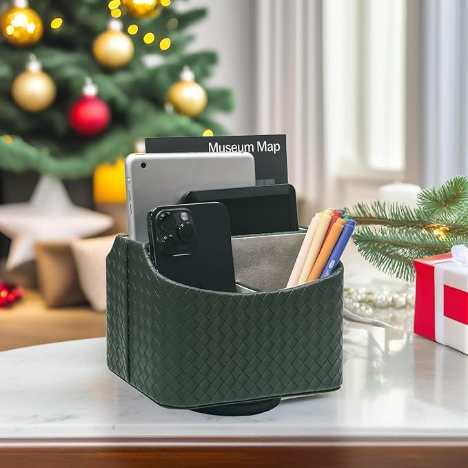 UnionBasic Rotating Desk Organizer, 360 Degree Desk Spinning Caddy, Desktop TV Guide/Mail/Media/Remote Controller Holder Organizer, Woven Green
