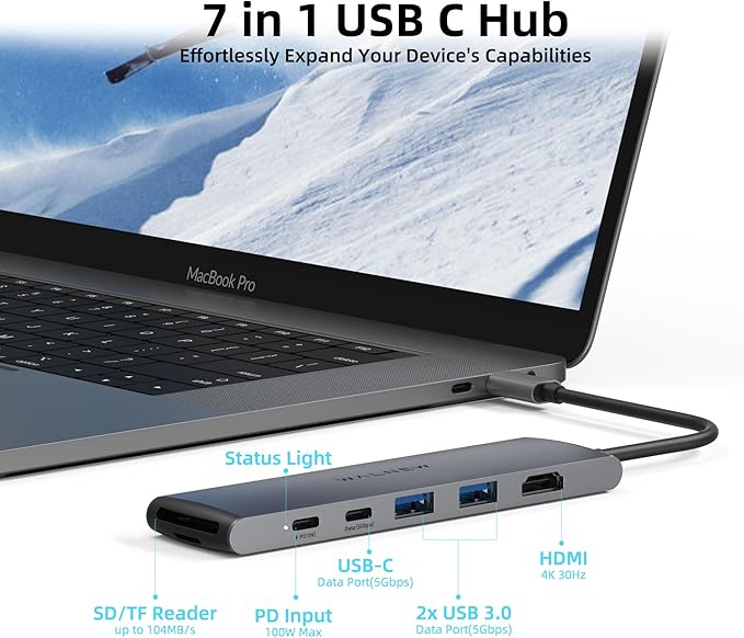 USB C Hub, WALNEW 7 in 1 USB-C Docking Station with 4K HDMI,100W PD, 3 5Gbps Data Ports(1 USBC & 2 USB 3.0),TF/SD Card Reader, USB Hub for Laptop, MacBook Pro/Air/Mac/Dell/HP/ASUS/Acer/Steam Deck