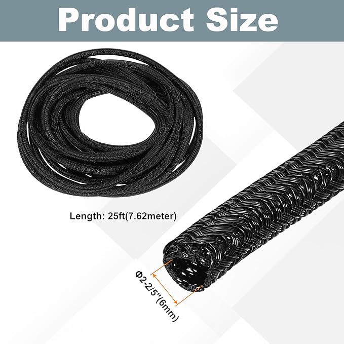 MECCANIXITY 1/5 Inch ID Split Loom Tubing 25ft Polyester Cord Protector Wire Cable Sleeve for USB Cable Power Cord, Black