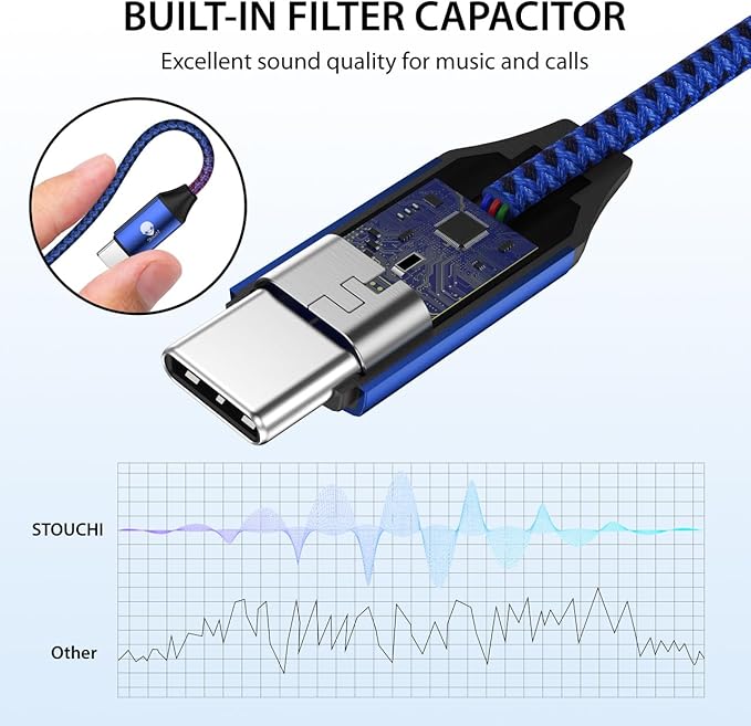 Stouchi USB C to 3.5mm Dongle Adapter, Type C Headphone Audio Jack Cable Cord Hi-Fi DAC Chip for iPhone 17/16 /15, Pixel 9/8 /7/6, iPad, Samsung Galaxy S25 S24 S23 Ultra (1, Blue, 0.38ft*1)