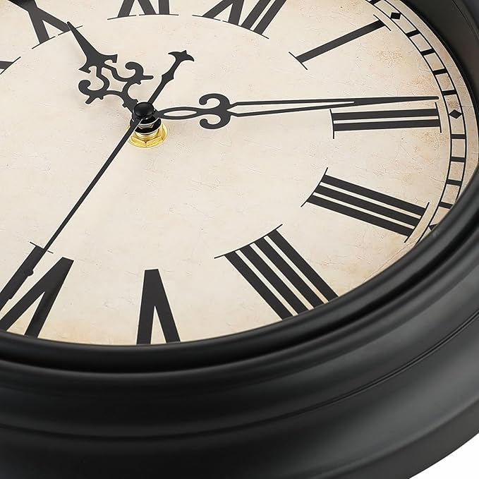 Plumeet Small Retro Wall Clock, 10'' Non Ticking Classic Silent Vintage Wall Clocks Decorative Kitchen Living Room Bedroom, Roman Numerals, Battery Operated, Black