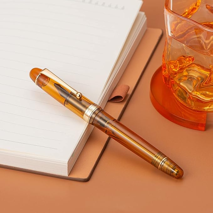 Asvine V126 Vacuum Filling Fountain Pen, Transparent Brown Acrylic Stub Nib 1.1mm Calligraphy Art Drawing with Case Set