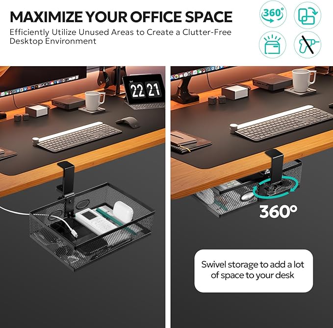 Pulchrum Under Desk Drawer Organizer Clamp On - 360° Swivel Metal Mesh Storage Basket, Hidden Rotating Desktop Tray for Standing Desk, Office Supplies & Gaming (No Drill, Black)