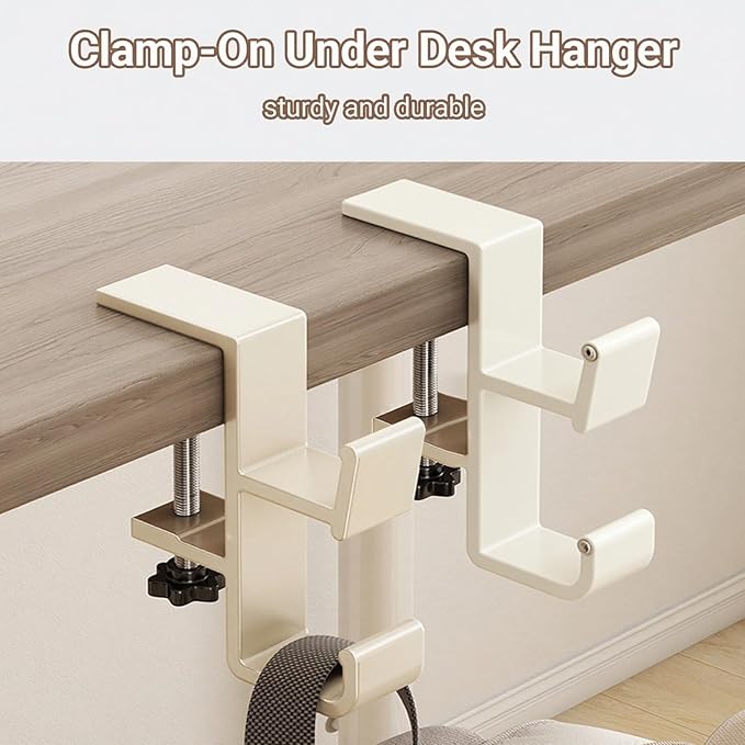 INEDRIMS 2-Pack Headphone Stand & Hook – Under Desk Headset Holder Clamp Mount for Gaming Headphones, Backpacks, Purses, Coats – Space-Saving Desk Accessories (White Dual Hook)