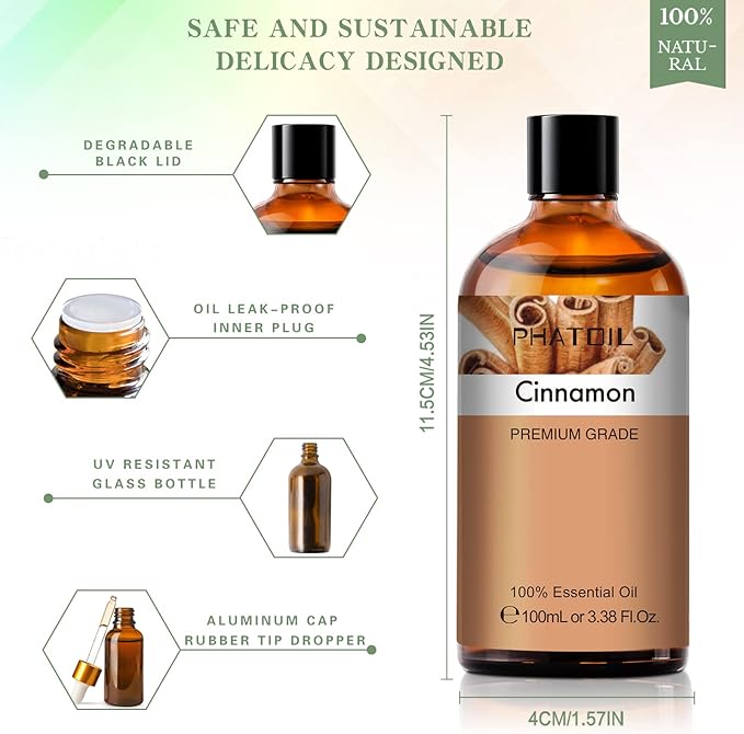 PHATOIL 100ML Cinnamon Essential Oil, Huge 3.38fl.oz Bottle Cinnamon Oil, Aromatherapy Oils for Diffuser, Humidifier, DIY, Essential Oil Singles