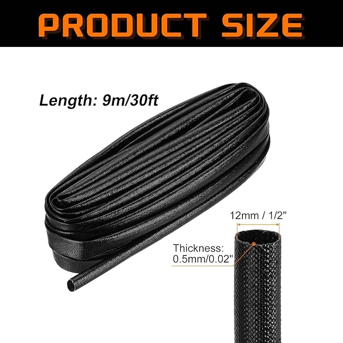 MECCANIXITY 30ft Braided Cable Sleeve, 1/2" ID 200C High Temperature 1500V Fiberglass Wire Insulation Cord Protector Organizer Wires Management for Motor Engine Fuel Line, Black