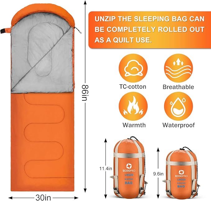 ECOOPRO Warm Weather Sleeping Bag - Portable, Waterproof, Compact Lightweight, Comfort with Compression Sack - Great for Outdoor Camping, Backpacking & Hiking-83 L x 30" W Fits Adults