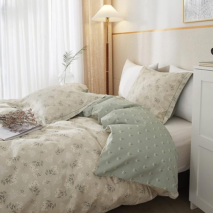 LifeTB Boho Floral Duvet Cover Twin XL Cotton Aesthetic Floral Bedding Sets Vintage Garden Floral Comforter Cover Beige Sage Green Floral Botanical Duvet Cover with Zipper Closure 4 Ties