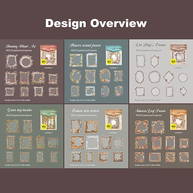 AuriicLeaf Vintage Wooden Frame PET Sticker Set, 60PCS Retro Aesthetic Scrapbook Stickers for Journaling, DIY Crafts, and Decorative Art Supplies
