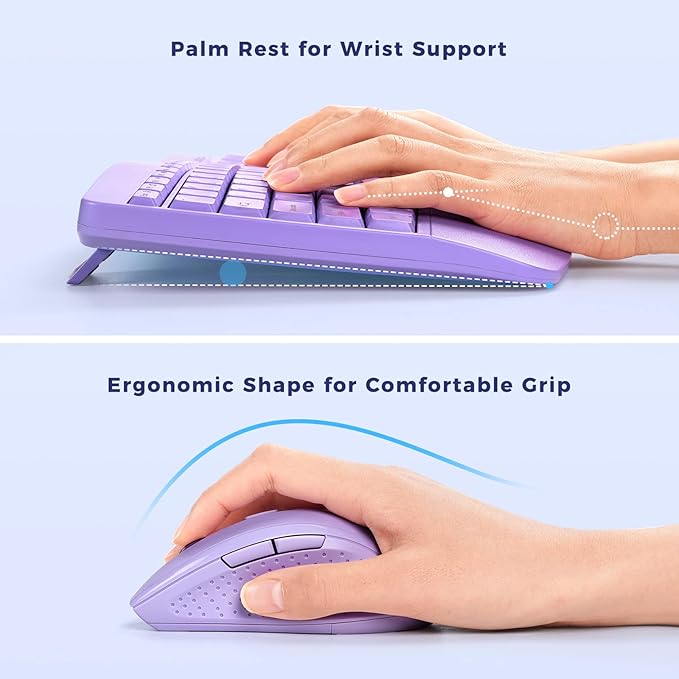 Ergonomic Keyboard and Mouse Combo - Full Size Keyboard Cordless with Palm Wrist Rest Ergonomic Mouse Wireless for Windows Computers Laptops - Light Purple (Upgrade)