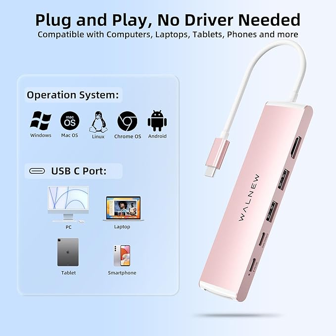 WALNEW 7 in 1 USB-C Hub with 4K HDMI,100W PD,5Gbps Data Port(1 Type-C & 2 USB 3.0),SD/TF Reader, Thunderbolt 4 Dock Multiport Adapter for MacBook Pro Air,Mac,iPad 10/Mini 6,Surface (Pink)