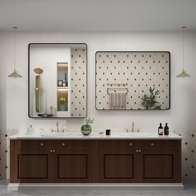 24x28 Inch Black Metal Framed Bathrrom Mirror for Wall, Matte Black Rectabgle Mirror, Shatterproof, Anti-Rust, Horizontally or Vertically Mounted
