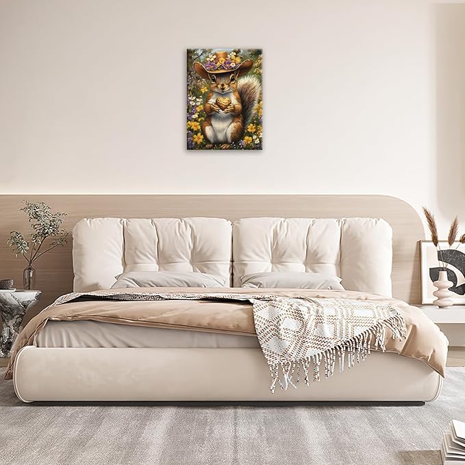 Western Squirrel Wall Art, Squirrel Peanut Pictures Wall Decor, Country Rustic Animal Canvas Prints, Forest Flower Painting, Framed Artwork for Bathroom Living Room Bedroom Dining Room 16"X12"