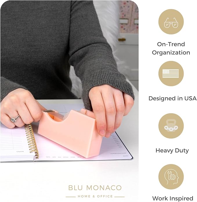 BLU MONACO | Acrylic Tape Cutter Dispenser for Desk | Cute Tape Dispenser Desk with Heavy Duty Base | Pastel Pink Desktop Tape Holder for Office Home