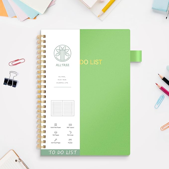 ALLTREE To Do List Notepad Spiral Planner, Daily Task Tracker with Wide Lined Notebooks, Work Planner with Pocket, Pen Loop, 160 Pages, Green (7"x10")