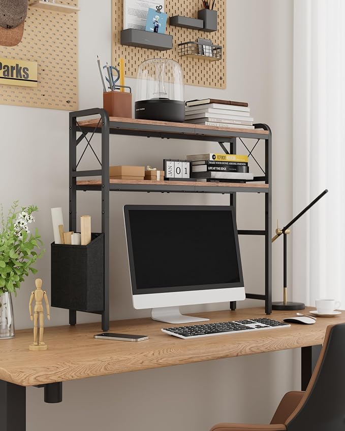 VERSASKY Desktop Shelves, Monitor Stand with Adjustable Shelves and Side Pockets, 2-Tier Desktop Bookshelf Organizer, Large Capacity Display Shelf Rack, Desk Hutch for Home Office, Rustic Brown