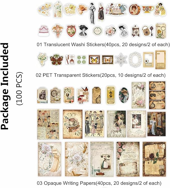 Esweny 100 PCS Vintage Ephemera Pack Journaling Scrapbooking Supplies Scrapbook Sticker Paper Kit for Junk Journal Planners Collage Craft Notebooks Decoupage Album (Retro)