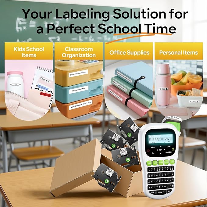 Label Maker Machine with Tapes, Label Maker Bundle 4-Label Tapes Included, Label Maker with Backlit Screen & Waterproof-Labels Laminated, H1100 Handheld Portable Labeler Machine for Home Office Gifts
