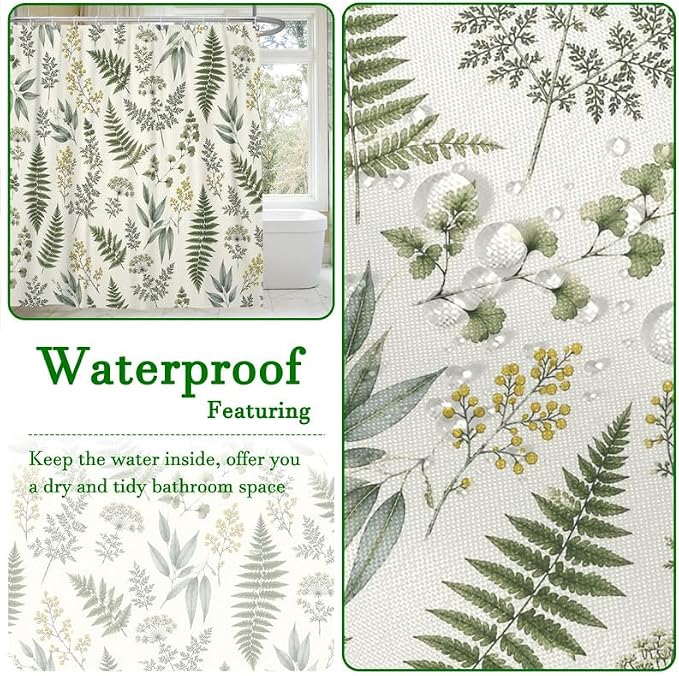 Fern Leaf Vintage Sage Green Shower Curtain Eucalyptus Farmhouse Plant Leaves Rural Floral Botanical Art Natural Waterproof Curtain for Bathroom 72x72 in with 12 Hooks
